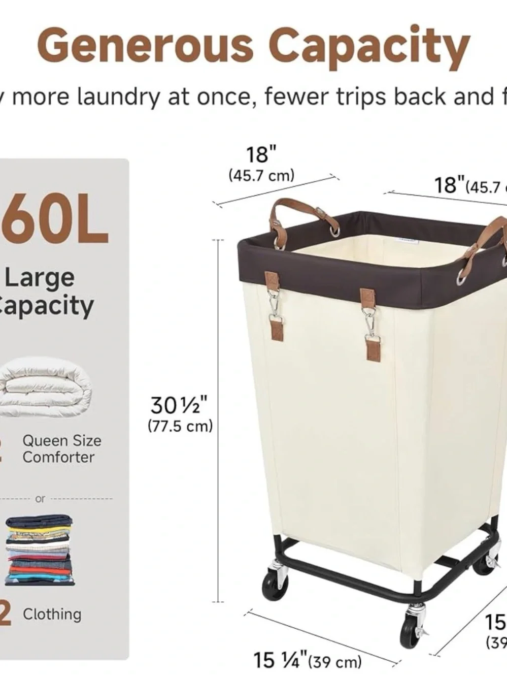 Cream Laundry Hamper with Brown Trim and Rolling Base